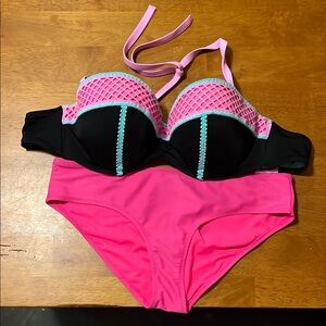 Pink, Aqua, and Black Bikini Set